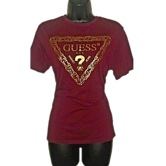 Guess Burgundy Gold Logo Printed T-Shirt - Picture 2 of 5